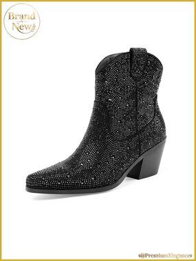 Sparkly Glitter Rhinestone Western Ankle Boots Pointed Toe Block Heel